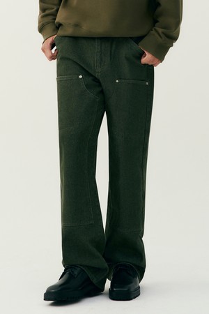 남녀공용 레트로 프레피 더블니 데님 팬츠[KHAKI](UB8DP21_65)