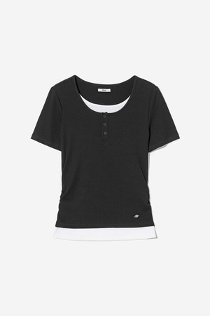 여성 레이어드 헨리넥 골지 티셔츠[BLACK](UC5STA6_39)