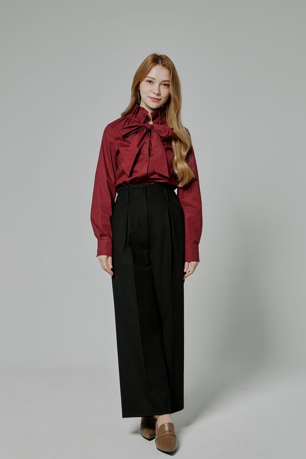 BELLEMA - 셔츠 / 블라우스 - Ruffle Cotton Tie Blouse[wine]