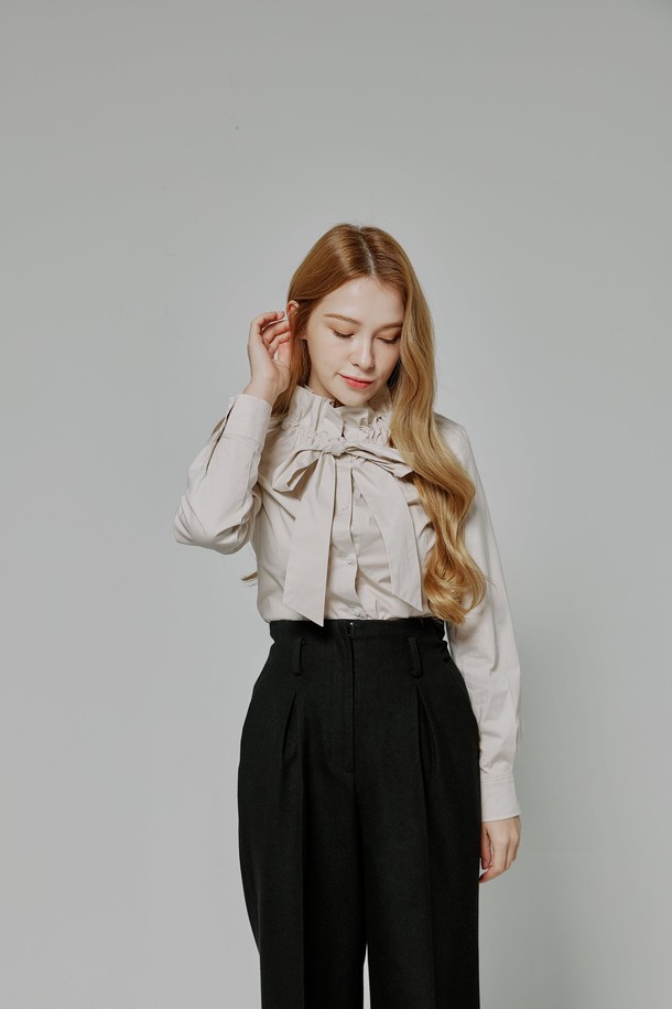 BELLEMA - 블라우스 - Ruffle Cotton Tie Blouse[beige]