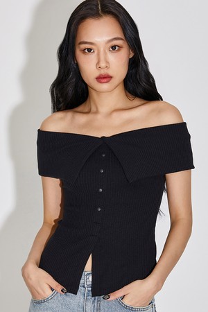 RIBBED BUTTON-DOWN OFF SHOULDER TOP_T316TP128_TOPGIRL