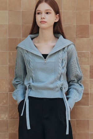 리본 집업 스웨터 / 스카이 블루