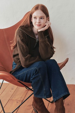 리본 집업 스웨터 / 브라운