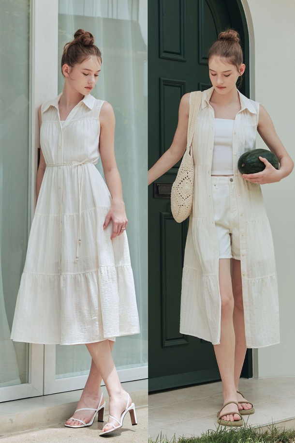 부드러운 촉감의 아이보리 컬러 셔츠 원피스입니다. 면, 레이온, 폴리에스터 혼방 소재로 제작되어 여름철 데일리룩과 휴가지에서 우아하게 연출할 수 있습니다. 민소매 디자인에 레이스 패턴이 더해져 여성스러운 분위기를 자아내며, 허리 스트랩과 이너 원피스가 함께 구성되어 실용성을 높였습니다.
