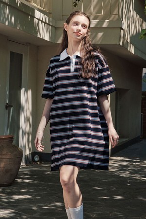 스트라이프 카라 원피스 / 네이비