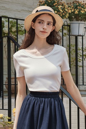 [2컬러] 골지 U넥 반팔 티셔츠