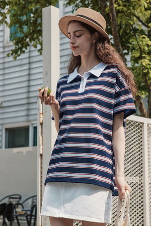 스트라이프 카라 반팔 티셔츠 / 스트라이프 네이비