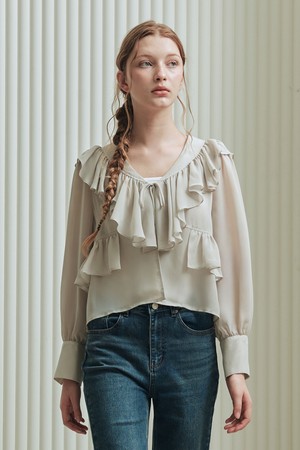 오로라 리본 블라우스 / 샌드 그레이