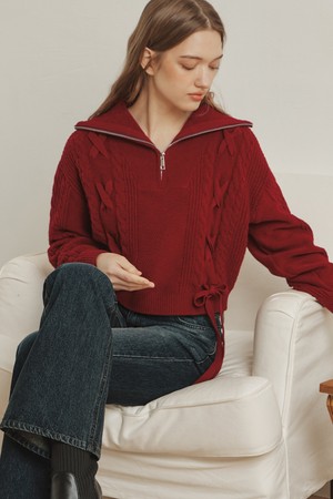 리본 집업 스웨터 / 레드