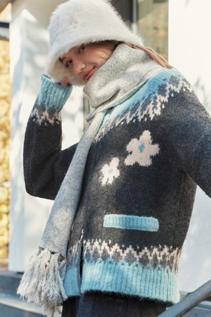 플라워 노르딕 울 가디건 / 블루