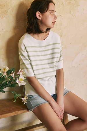 [2컬러] 반팔 스트라이프 라운드넥 니트