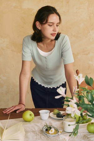 [2컬러] 레이어드 헨리넥 반팔 티셔츠