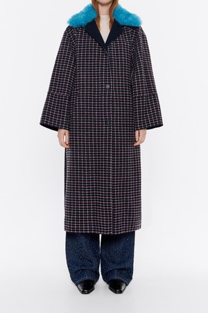 [24FW] 빔바이롤라 블루 퍼 체크 울 롱코트 B246AWC007NYB