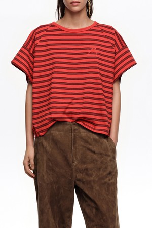 [26SS] 빔바이롤라 자수 로고 스트라이프 크롭 티셔츠 - 레드 B265AWT016RDB