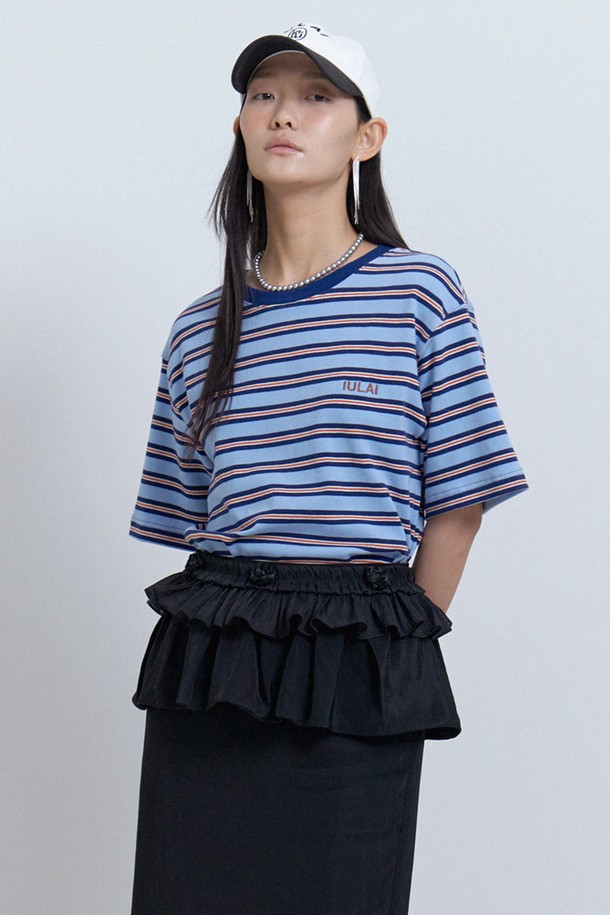 IULAI - 반소매 티셔츠 - Momo stripe T Blue