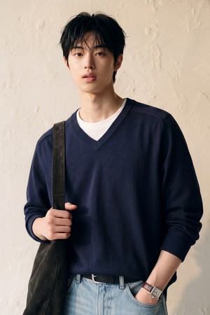 레이어 코튼 브이넥 니트 네이비 SJKN2719