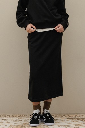 String banding cotton Long skirt_Black