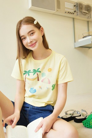 Summer print crop short-sleeve T-shirt_Yellow