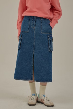 Cargo denim long skirt_Blue