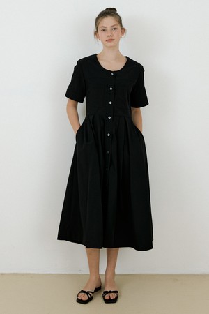 Round half sleeve long onepiece_Black