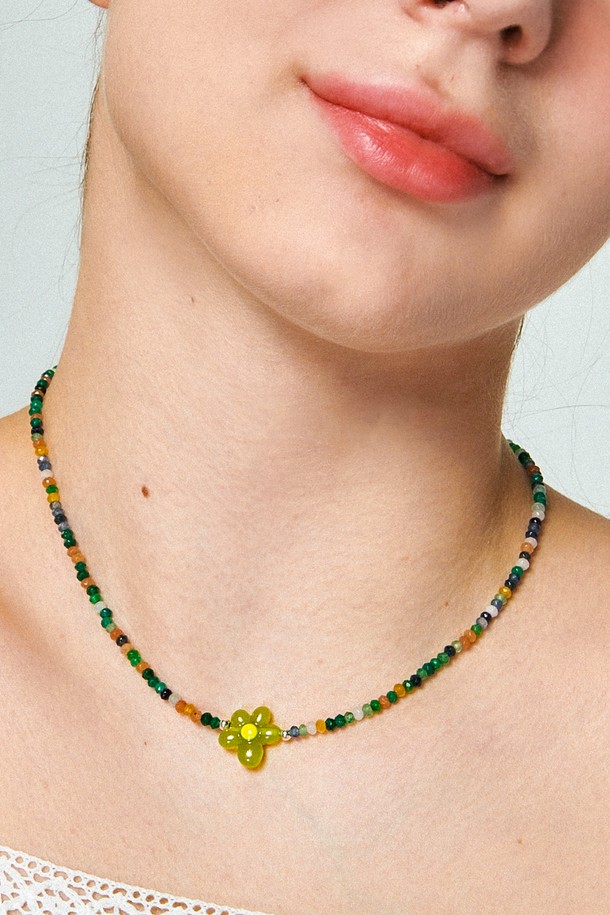 Uni.J - 목걸이 - Green Agate Flower Silver Necklace In463 [Silver]