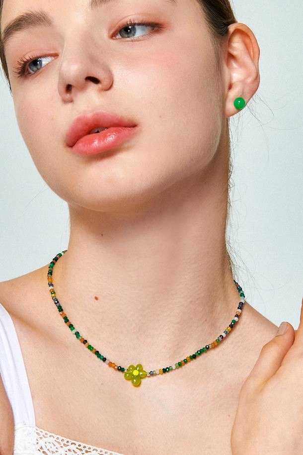 Uni.J - 목걸이 - Green Agate Flower Silver Necklace In463 [Silver]