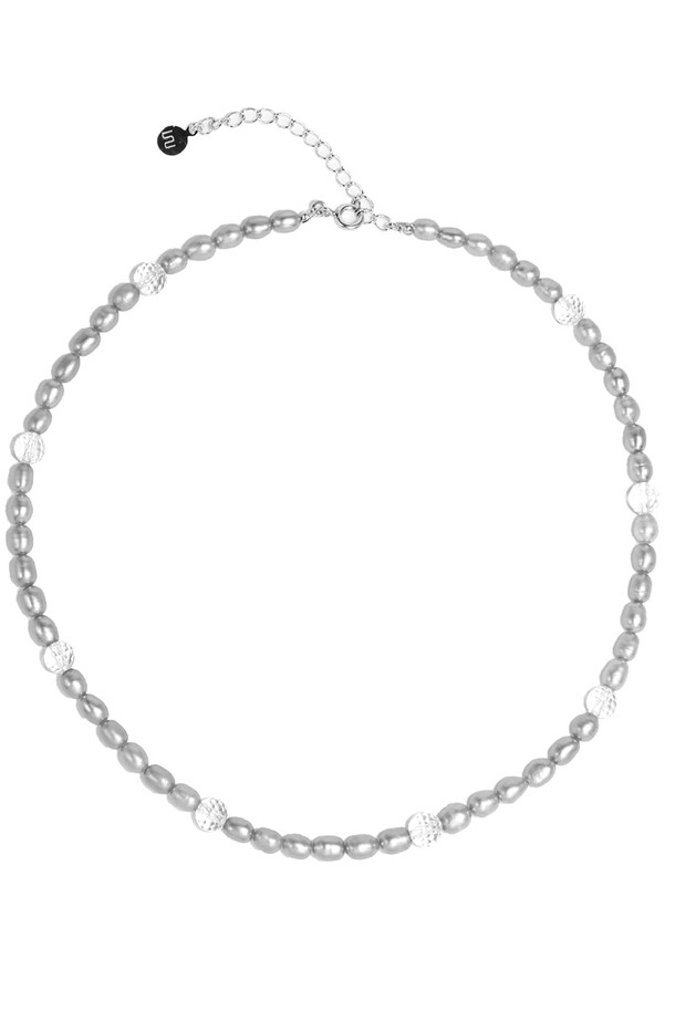 Uni.J - 목걸이 - Gray Fresh-water-pearl And Crystal Silver Necklace In467 [Silver]