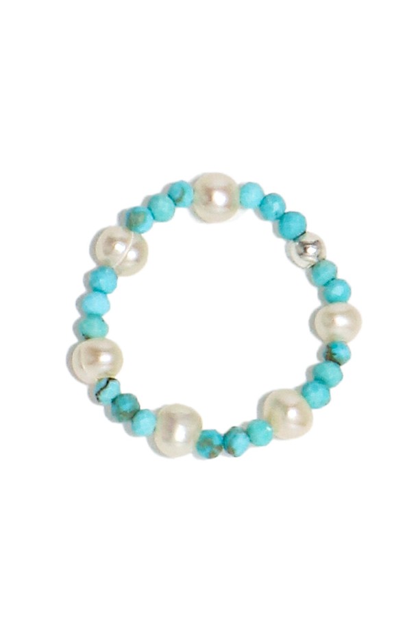 Uni.J - 반지 - Fresh-water-pearl & Turquoise Bonbon Stretch Silver Ring Ir226 [Silver]