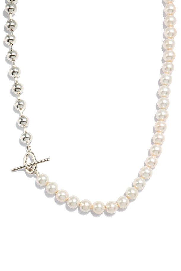 Uni.J - 목걸이 - Unbal Swarovski Pearl T-obar Silver Necklace In430 [Silver]