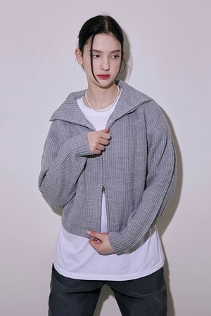 Two-way Semi Crop Zip-up Knit [Gray]