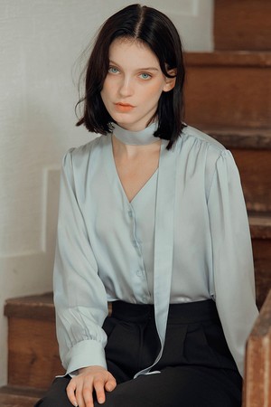 Camila Tie Silky Blouse [Blue]