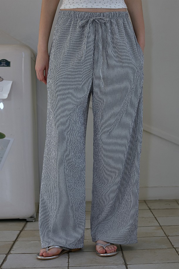 ROSÉ FRANTZ - 롱/미디팬츠 - Embroidery Low Wide Pants [Stripe Blue]