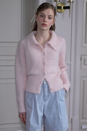 Hairy Collar Knit Cardigan [Pink]