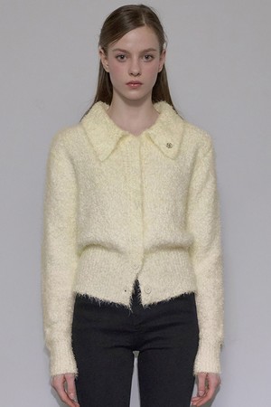 Hairy Collar Knit Cardigan [Light Yellow]