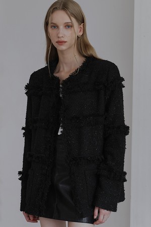 Fringe Long Tweed Jacket [Black]