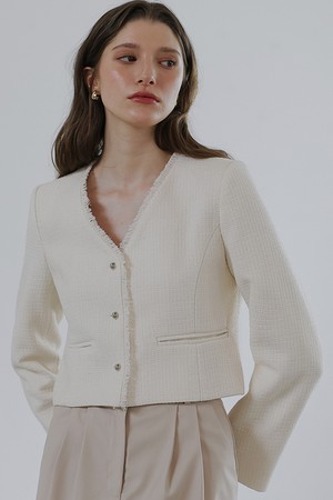 Harry Collarless Tweed Jacket [Ivory]