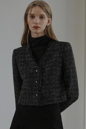 Harry Collarless Tweed Jacket [Mixed Black]