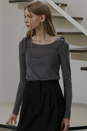 Ribbon Sleeveless Set T-shirt [Charcoal]