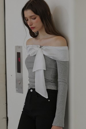 Chiffon Ribbon Off Shoulder Long Sleeve [Gray]