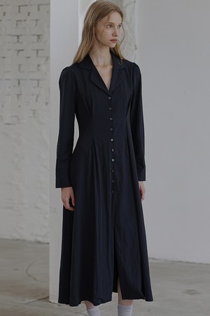 Classic Open Collar Long Dress [Navy]