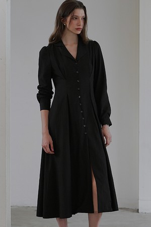 Classic Open Collar Long Dress [Black]