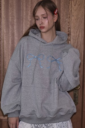 Twin Ribbon Embroidery Hoodie [Gray]