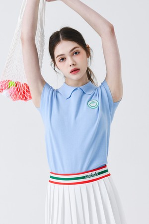 스마일 배색 칼라넥 슬리브리스 니트 SKY BLUE