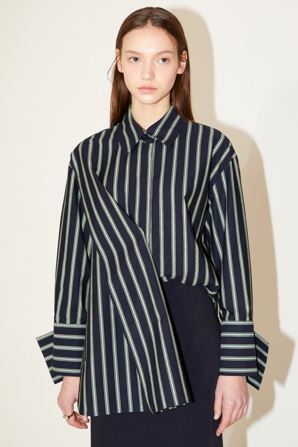 Le yiel - 셔츠 - Overlap Stripe Shirt Blouse_Navy 오버랩 스트라이프 셔츠 블라우스_네이비