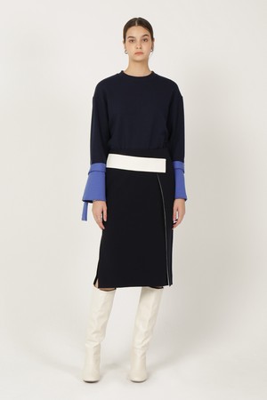 Color Block Midi Skirt_Navy 컬러 블럭 미디 스커트_네이비