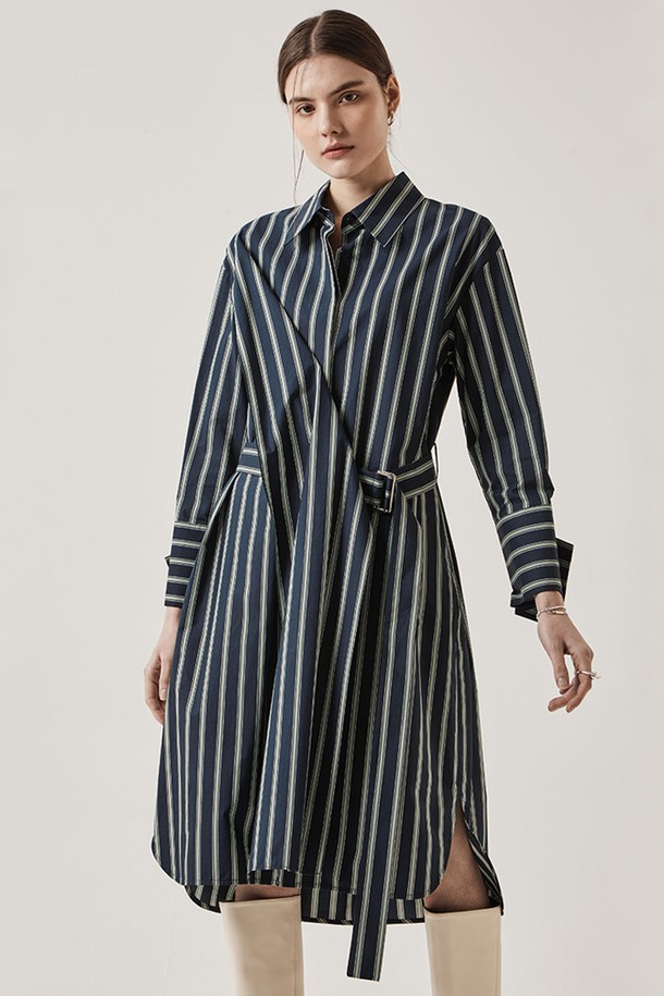 Le yiel - 긴소매 원피스 - Oversize Belted Stripe Shirt One Piece_Navy 오버사이즈 벨티드 스트라이프 셔츠 원피스_네이비