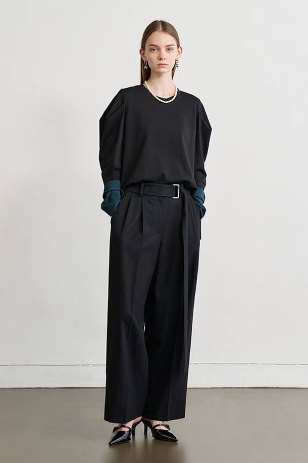 Le yiel - 롱/미디팬츠 - Tuck Detail Belted Wide Pants_Black 턱 디테일 벨티드 와이드 팬츠_블랙