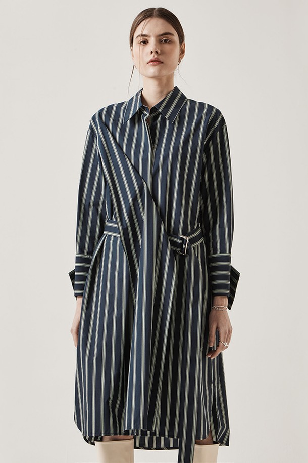 Le yiel - 긴소매 원피스 - Oversize Belted Stripe Shirt One Piece_Navy 오버사이즈 벨티드 스트라이프 셔츠 원피스_네이비