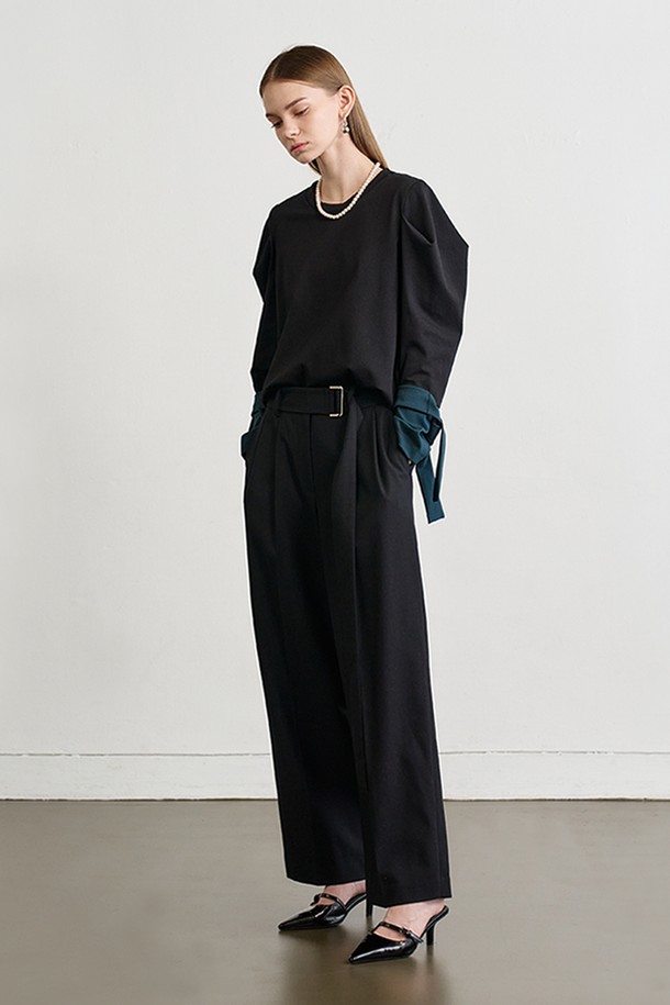 Le yiel - 롱/미디팬츠 - Tuck Detail Belted Wide Pants_Black 턱 디테일 벨티드 와이드 팬츠_블랙