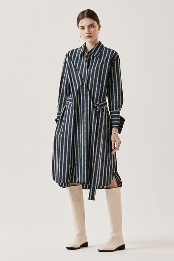 Le yiel - 긴소매 원피스 - Oversize Belted Stripe Shirt One Piece_Navy 오버사이즈 벨티드 스트라이프 셔츠 원피스_네이비